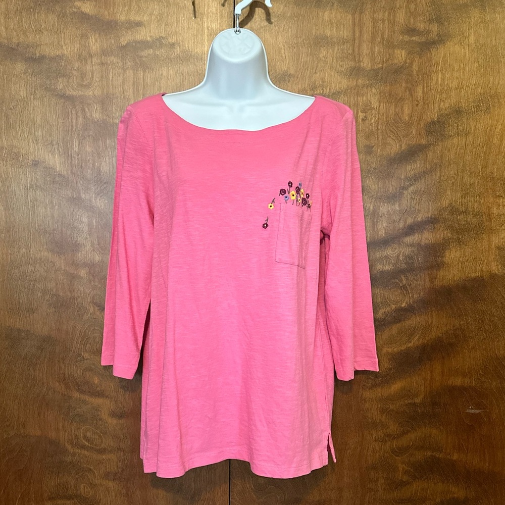 Loft Outlet Floral Embroidered Pocket Boatneck Top Womens L Pink Cotton T-Shirt